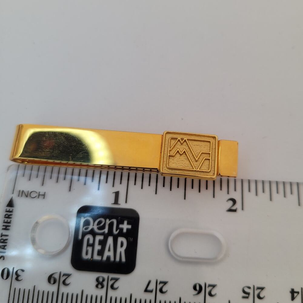 Mario Valentino MV USA Vintage Tack Tie Clasp Clip Bar Gold Retro Logo Rectangle - Picture 6 of 6